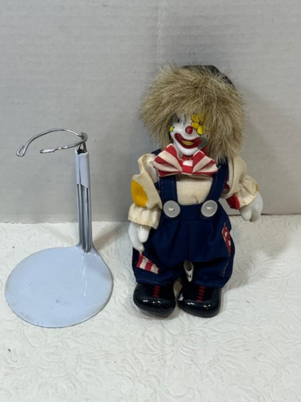 VTG Porcelain Floral Faced Clown Blue Overalls Faux Fur Hair Arms Boots w/Stand